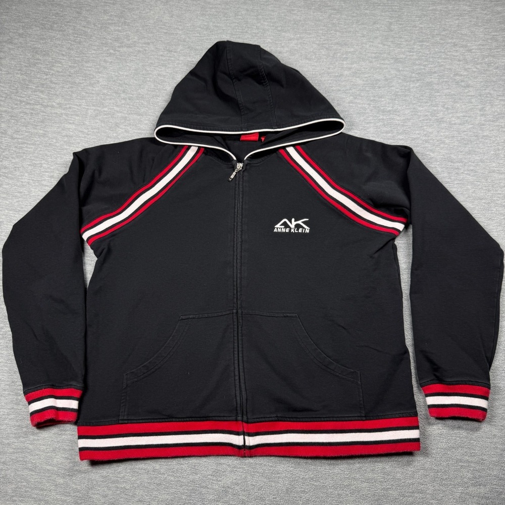 Anne Klein Black Zip-Up Hoodie with Red and White Stripe Trim